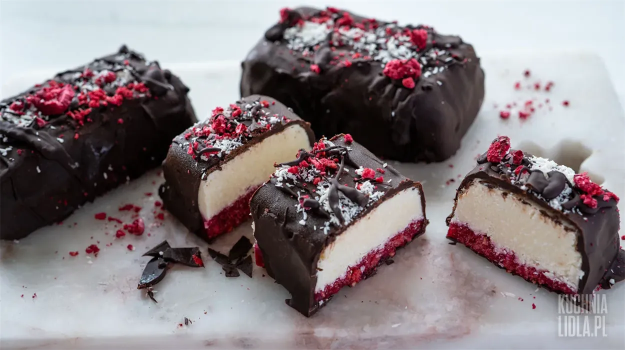 Proteinowe batony twarogowo-kokosowe z malinami